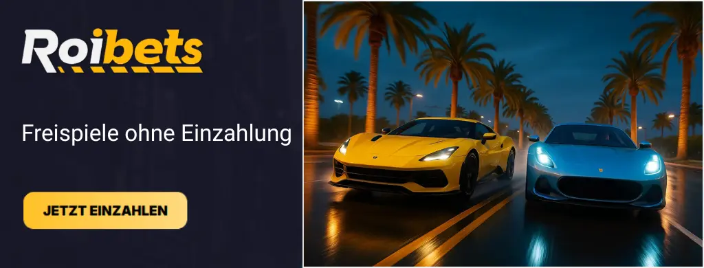 Autos auf einer nächtlichen Straße mit RoiBets-Logo.