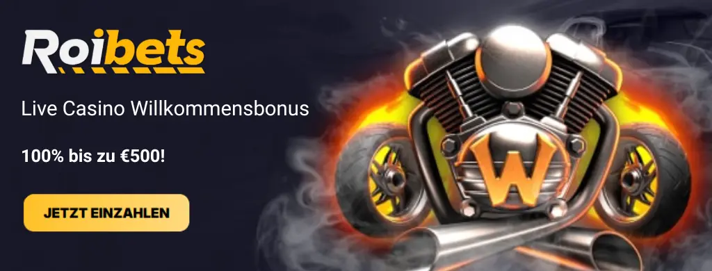 Bild des RoiBets Live Casino Bonusangebots von 100 % bis zu 500 € mit einem Jetzt-einzahlen-Button.