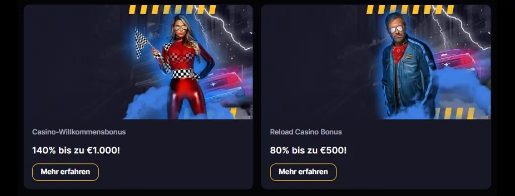 RoiBets Casino – 140% Willkommensbonus bis €1.000 und 80% Reload Bonus bis €500 mit Rennsport-Motiven.